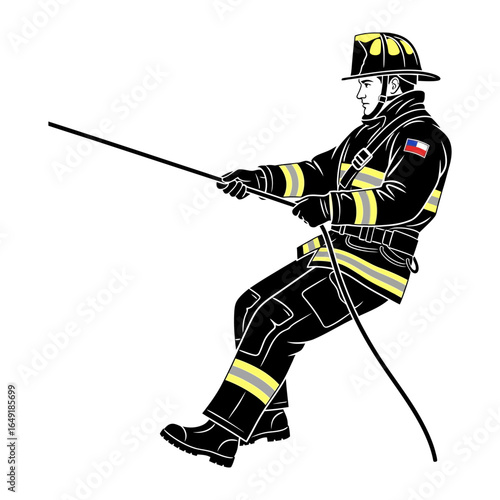 Firefighter on Duty: A determined firefighter rappels down a rope, embodying courage and commitment to duty, symbolizing safety and rescue.