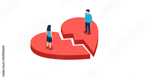 Illustration of a broken heart with two people standing on opposite sides symbolizing relationship breakdown and separation