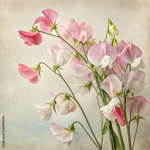 Sweet peas in pink and white shades, delicate stems, vintage-style floral still life.