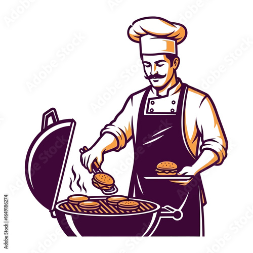 Culinary Art: Chef's Burger Creation: A culinary artist, expertly grilling burgers on a charcoal grill, showcasing skill and passion for food.