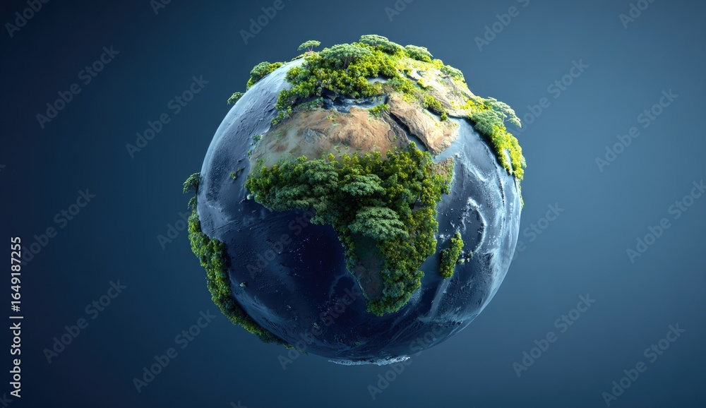 Fototapeta premium A detailed, realistic 3D model of Earth, heavily vegetated