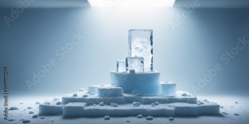 Symmetrical Ice Tower in a Wintery Frosty Landscape Under Bright Light empty product podium