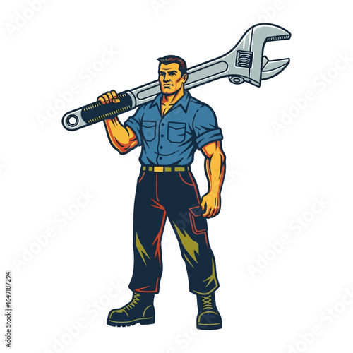 Strong Professional With a Wrench: A sturdy, muscular man, dressed in a work shirt and rugged trousers, confidently carries a massive wrench on his shoulder, representing skill, strength.