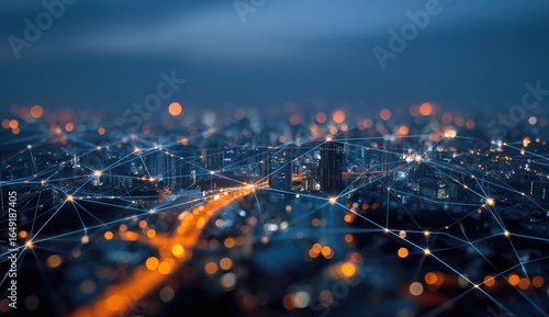 Night cityscape with interconnected network.  Blurred city lights connect via lines.  Abstract representation of global connectivity