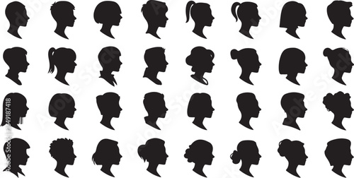 Black silhouettes of various hairstyles and head profiles arranged in a grid on a white background