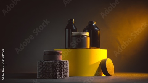 Dark mood product composition with cosmetic containers on yellow pedestal for dramatic skincare branding packaging advertisement photography