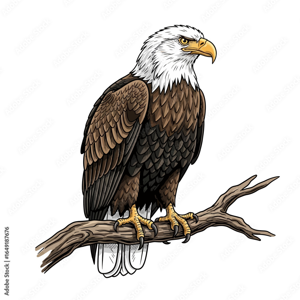 Fototapeta premium Detailed illustration of a bald eagle perched on a branch, showcasing intricate line work and shading.