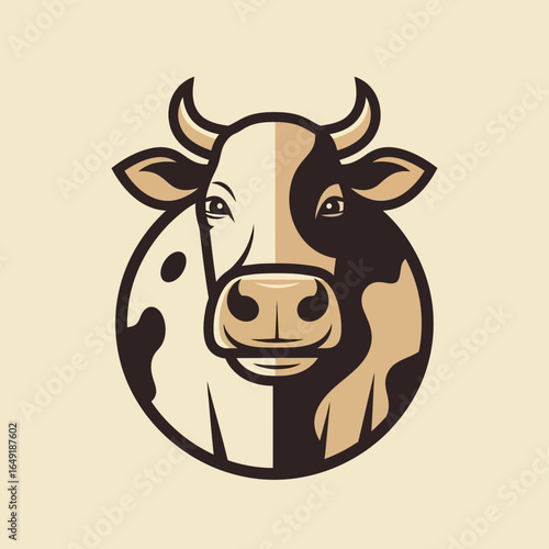 Stylized illustration of a cow's head with distinctive markings, set against a neutral background.