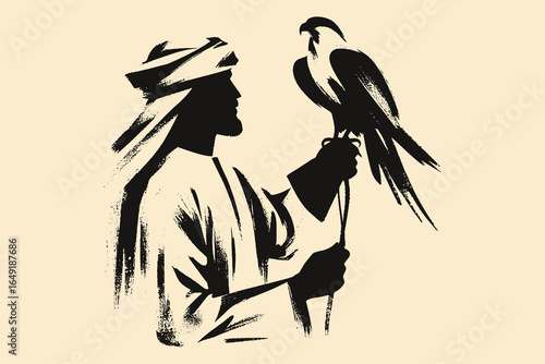 Arab man with falcon silhouette black brush vector illustration