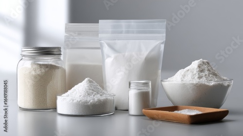 Various packaging materials with powders on white table for food supplement health nutrition product branding photography advertising