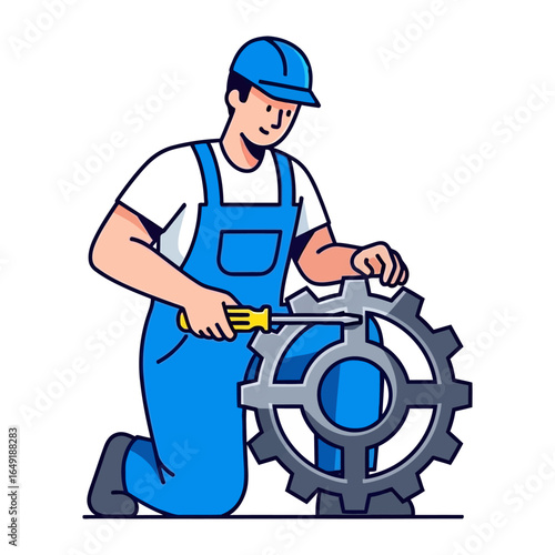 Mechanic at Work: An industrious mechanic diligently works on a gear, using a screwdriver. Capturing the essence of maintenance and technical expertise.