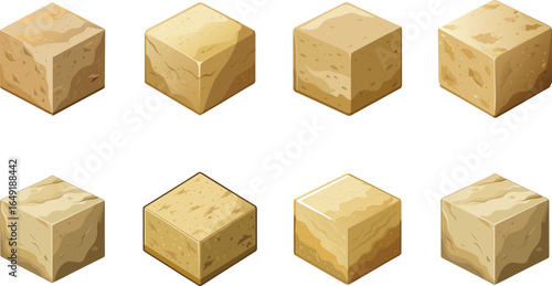 Eight isometric cartoon stone cubes with various surface textures and coloration