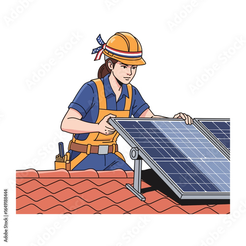 Solar Panel Technician: A dedicated technician meticulously installs a solar panel array on a rooftop, embodying expertise and commitment to renewable energy and environmental protection.