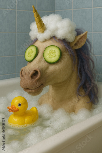 Einhorn entspannt in der Badewanne mit Gurkenscheiben und Quietscheente