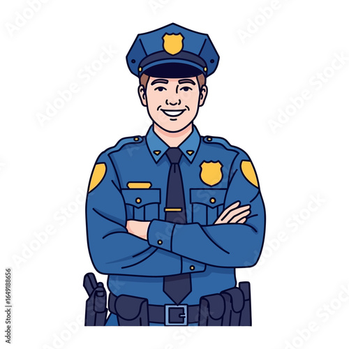 Portrait of a Law Enforcement Officer: A smiling, friendly police officer stands confidently, with arms crossed. This illustration captures the essence of safety and service within the community.