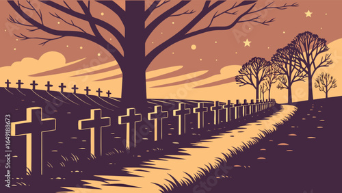 Cemetery memorial day remembrance illustration with crosses and trees in a peaceful landscape scene design