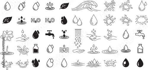Comprehensive Water Elements and Fluid Icons: A Diverse Set Representing Drops, Splashes, Waves, and Nature