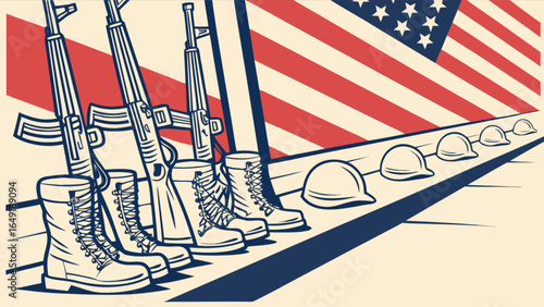 Patriotic american labor day tribute with military boots rifles and hard hats against us flag backdrop