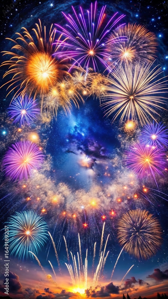 Fototapeta premium Colorful fireworks explode in the night sky, creating a dazzling spectacle for a celebration