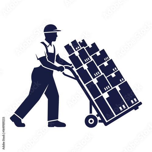 Box Stacking: A silhouette of a worker efficiently transporting a stack of boxes on a hand truck, symbolizing logistics and delivery.