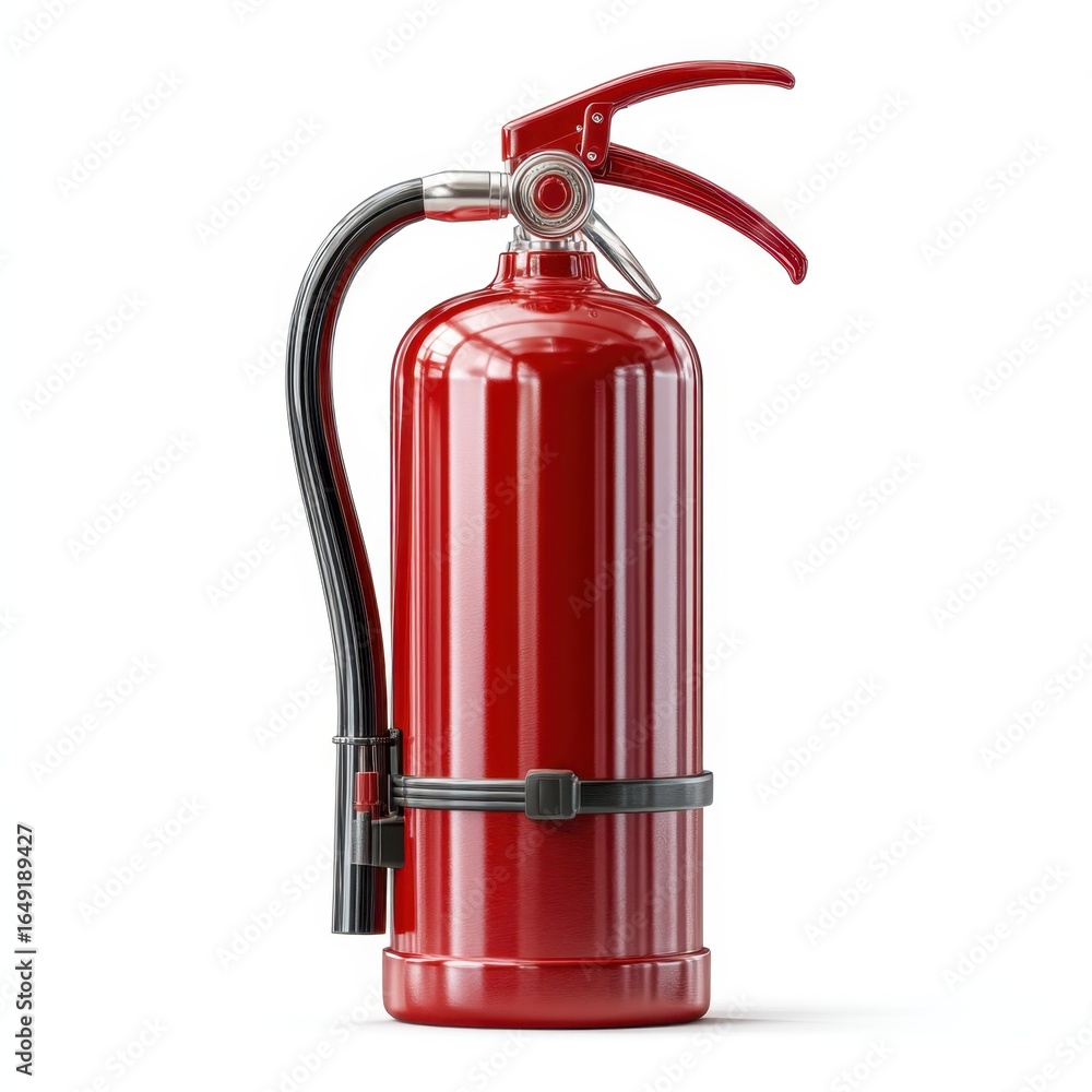Obraz premium A shiny red fire extinguisher with a black hose and metal handle, designed for putting out fires safely.