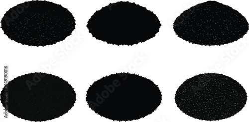 Six different black clusters or piles with varying shapes and textures