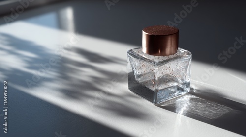 Elegant square perfume bottle casting shadows on white surface for luxury product branding photography minimal style visual composition