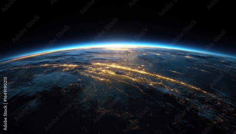 Obraz premium Earth from space, sunrise over cities. A view of the Earth's surface from orbit, highlighting a sunrise over a band of illuminated cities. Nighttime contrasts with the rising sun