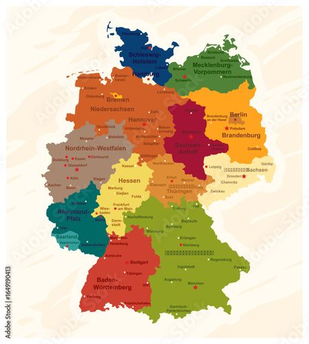 Map of Germany with capitals and major cities.