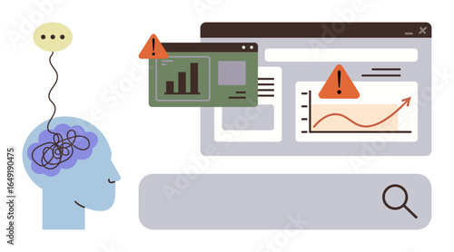 Human head with tangled lines in the brain represents confusion, connected to data analysis screens with warning alerts. Ideal for mental health, stress, error, data overload, focus, troubleshooting