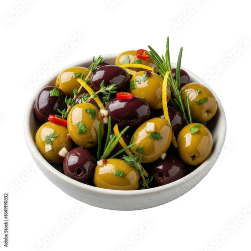 Artisanal light stoneware bowl, rich marinated green and Kalamata olives, rosemary, thyme, lemon zest, chili flakes, on solid transparent, soft studio light, bokeh. Gourmet food photography concept.