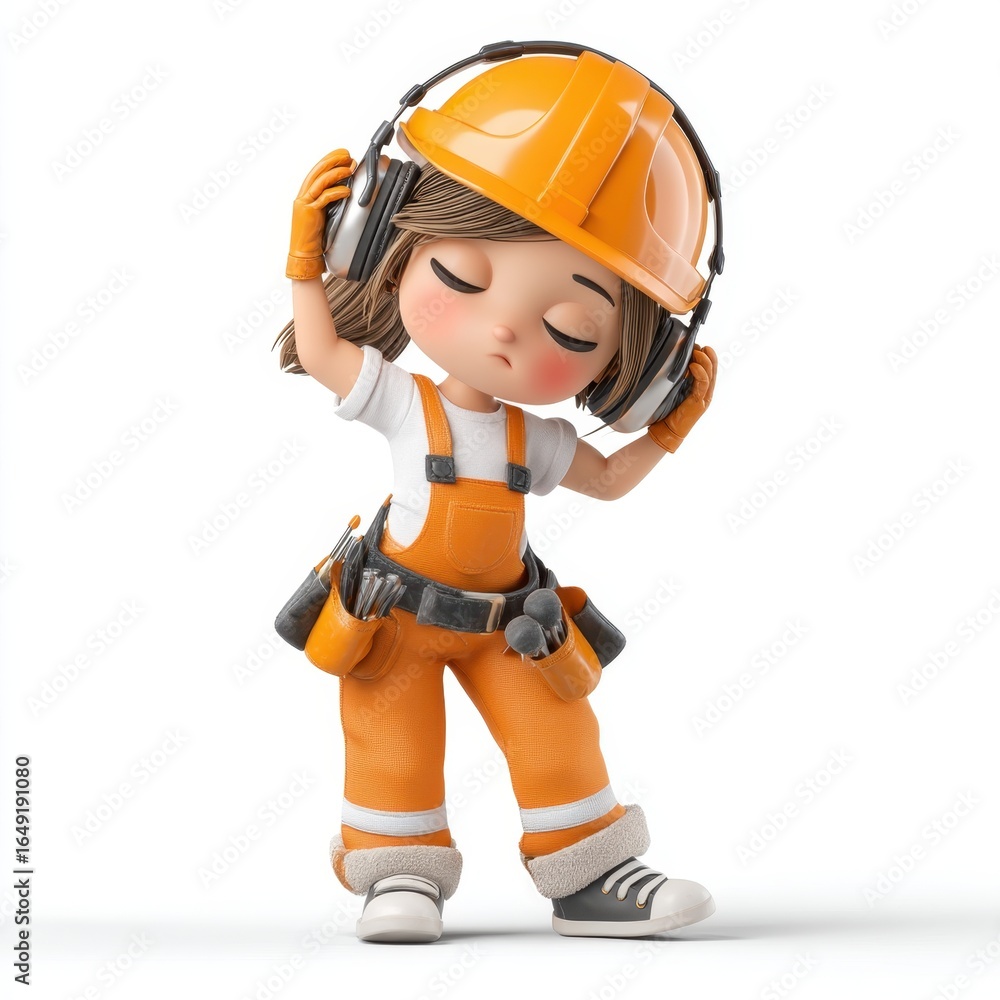 Fototapeta premium A cute 3D cartoon girl in orange construction gear listens to music with headphones, eyes closed, enjoying the moment.