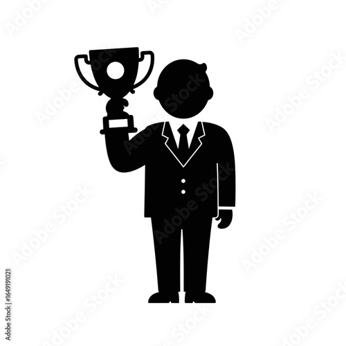 Businessman holding a trophy in formal attire with a confident stance  