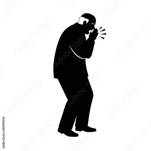 Elderly man sneezing and holding his nose in a minimalist style  