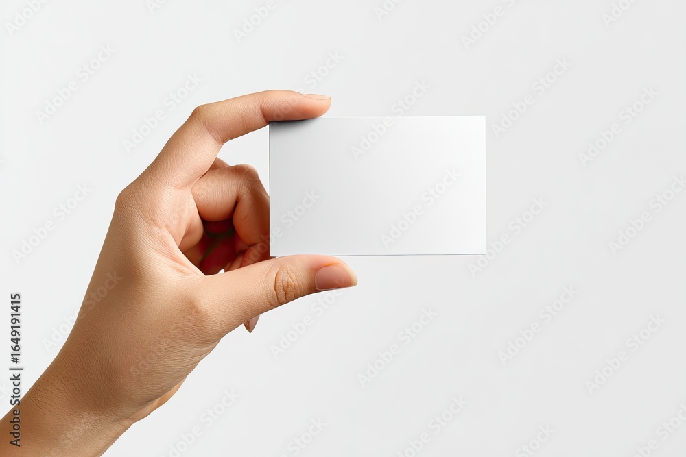 Obraz premium A hand holds a blank business card against a plain background