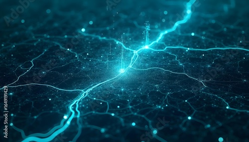 Smart city map with glowing streets and data points, top-down view, neon blue and green .