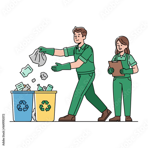 Environmental stewards diligently manage recycling. Depicting a scene of conscious commitment to preserving our earth, a man and woman, dressed in green, meticulously sort through recyclables.