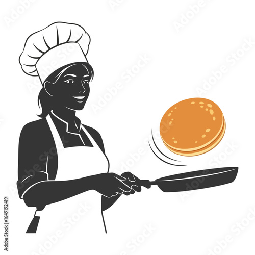 Pancake Chef: A chef expertly flips a pancake in a pan, embodying the art of culinary skill and breakfast delight. 