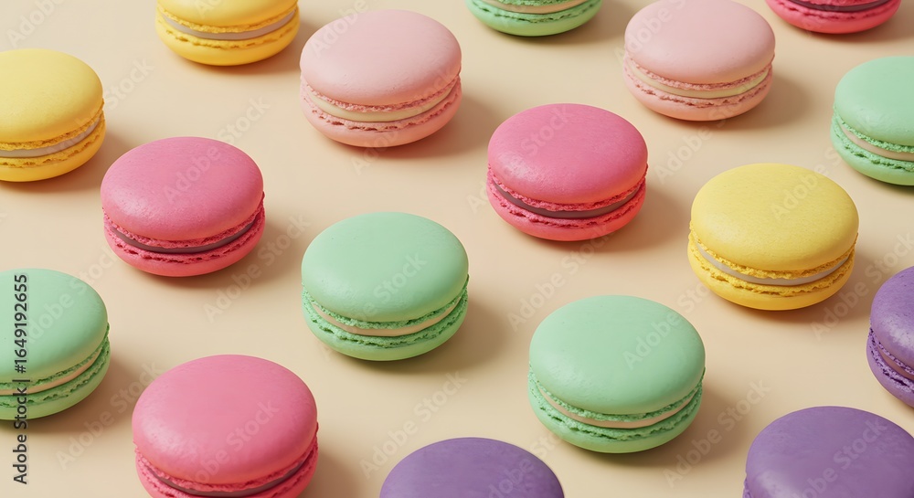 Obraz premium A beautiful assortment of colorful French macarons in pastel shades, a delightful and elegant gourmet dessert for sweet celebrations.