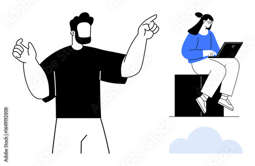 Confident man gesturing dynamically, with a woman sitting and working on a laptop. Ideal for teamwork, communication, leadership, technology, education, productivity collaboration. Simple flat