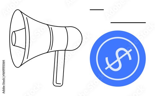 Megaphone beside blue dollar sign element representing marketing, finance communication, and promotion. Ideal for business, advertising, commerce, financial strategy, branding, public relations