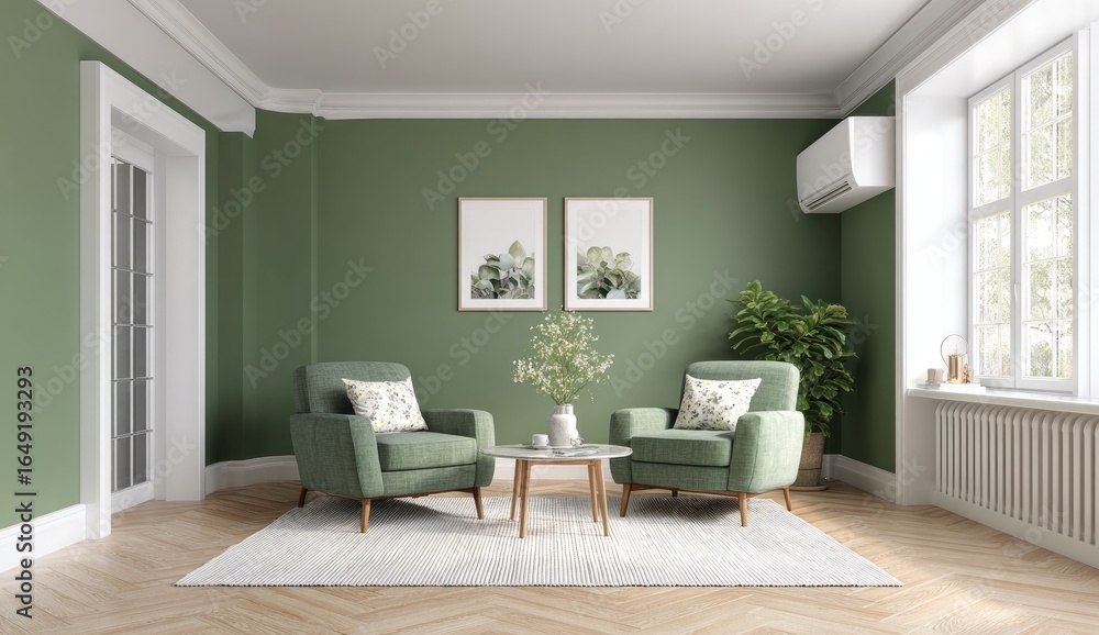 Fototapeta premium Green living room, modern, cozy