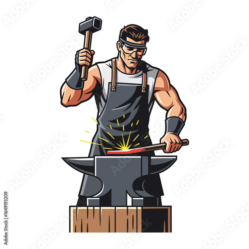 Strength of Steel: A strong blacksmith, depicted in vivid illustration, expertly forges metal upon an anvil. The vibrant sparks and dynamic composition highlight his skill and strength.
