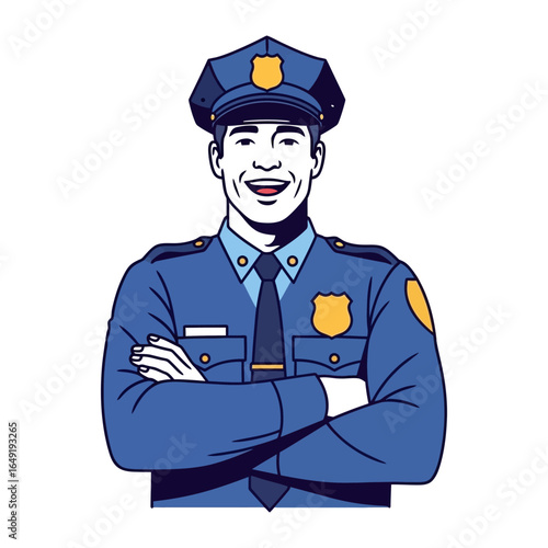 Confident Officer: A composed police officer in full uniform exudes confidence, standing with arms crossed, against a clean background, embodying authority and trust.