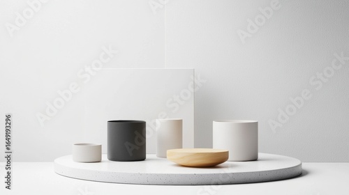 Minimalist ceramic containers on round white base with clean lighting for home decor branding packaging product design photography composition