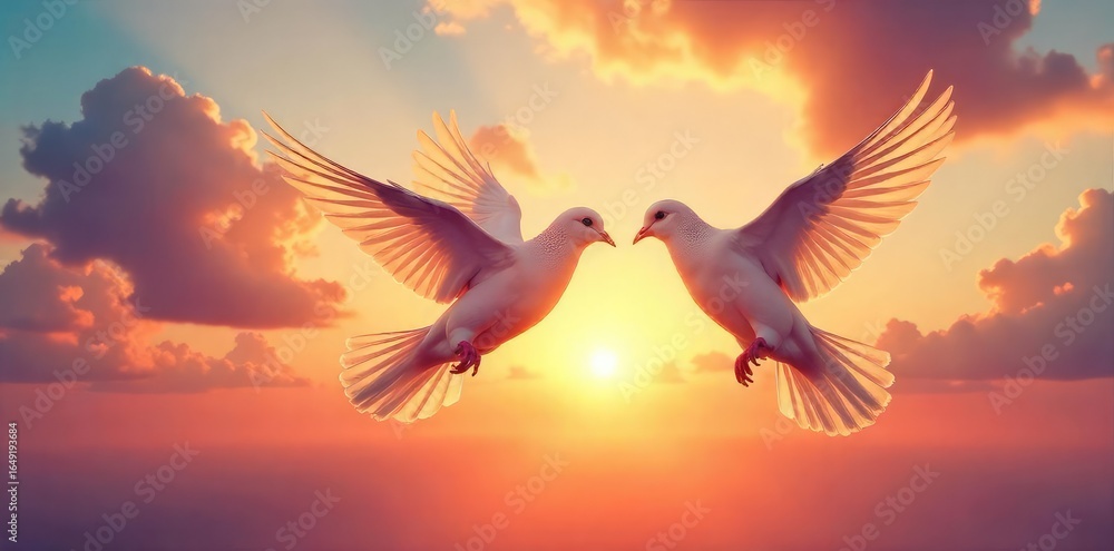 Obraz premium A pair of doves soaring gracefully through a vibrant sunset sky, wings outstretched in a breathtaking display of freedom and affection , soaring, vibrant