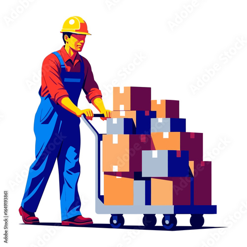 The Hardworking Porter: A dedicated worker in a protective yellow hard hat and overalls meticulously maneuvers a hand truck loaded with parcels in this vector illustration.