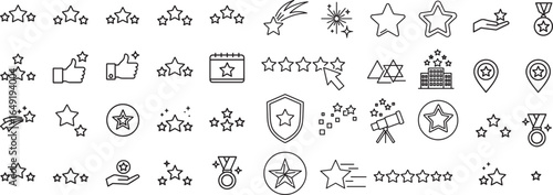 Comprehensive Star and Rating Line Icons: A Diverse Set for Reviews, Achievements, and Quality Indicators.