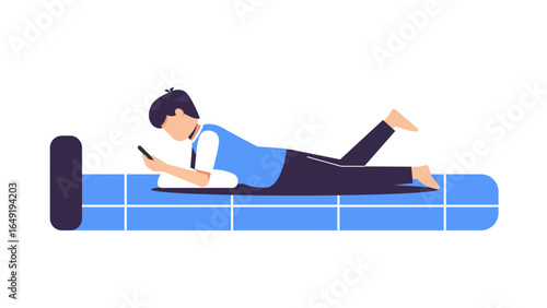 young man laying down on blue bed using mobile phone and smile
