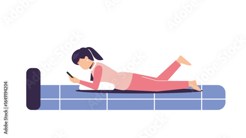 young Woman laying down on blue bed using mobile phone and smile